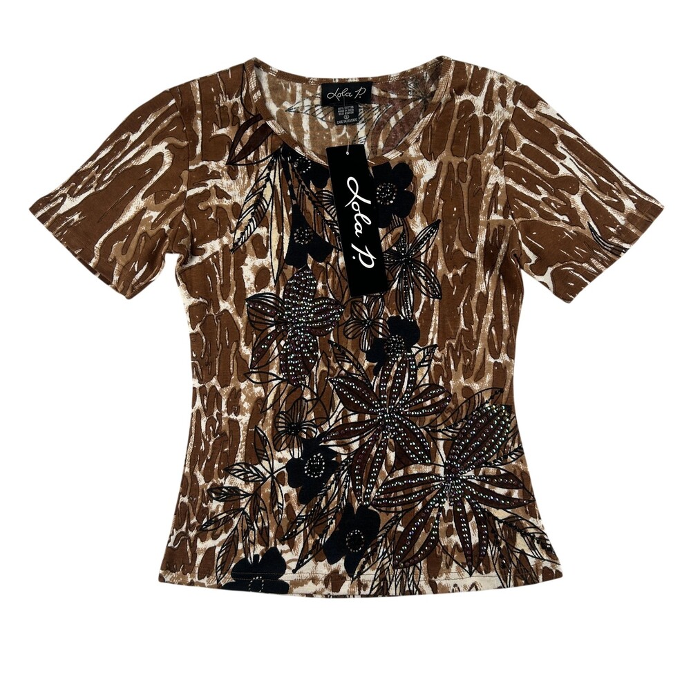 Vintage Lola P Shirt Womens Small Floral Rhinestone Short Sleeve Cotton Tee Top